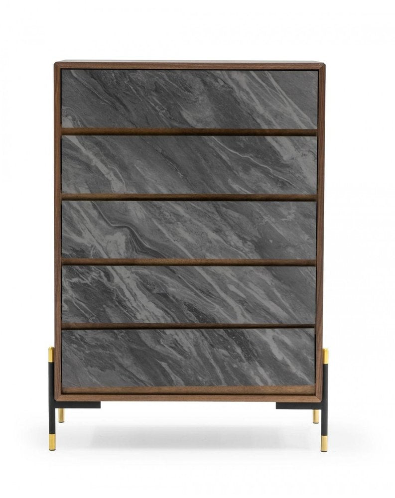 63" Walnut And Grey Faux Marble Wood Six Drawer Double Dresser