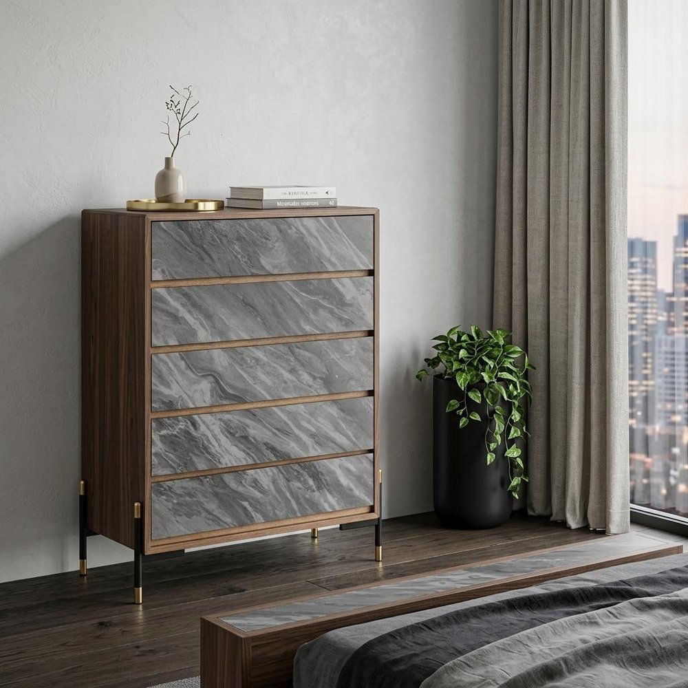 63" Walnut And Grey Faux Marble Wood Six Drawer Double Dresser