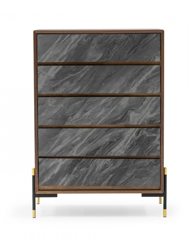 63" Walnut And Grey Faux Marble Wood Six Drawer Double Dresser