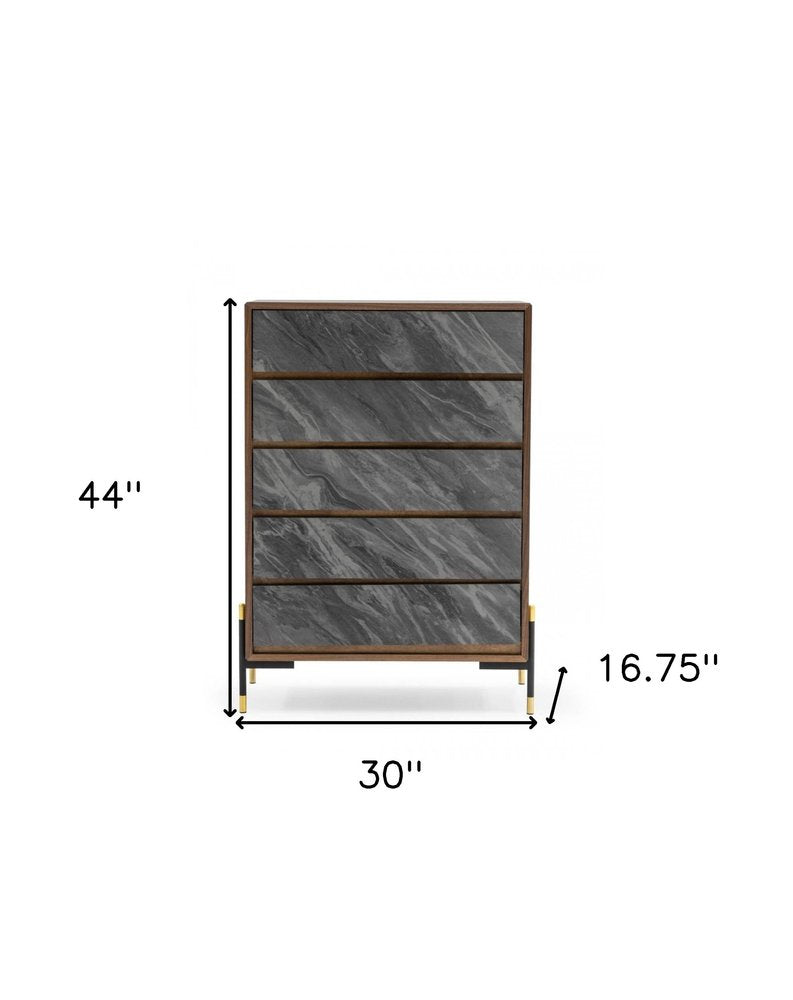 63" Walnut And Grey Faux Marble Wood Six Drawer Double Dresser