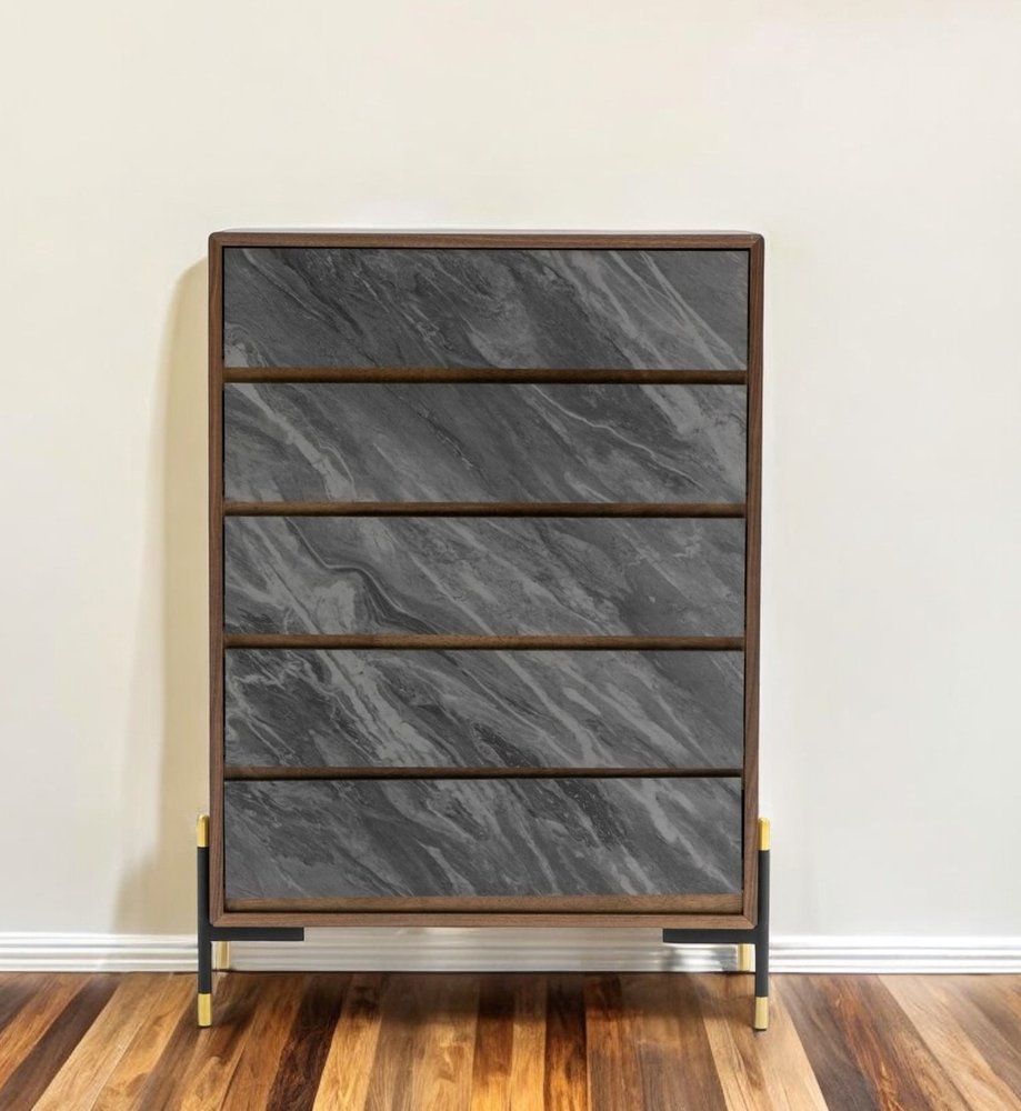 63" Walnut And Grey Faux Marble Wood Six Drawer Double Dresser