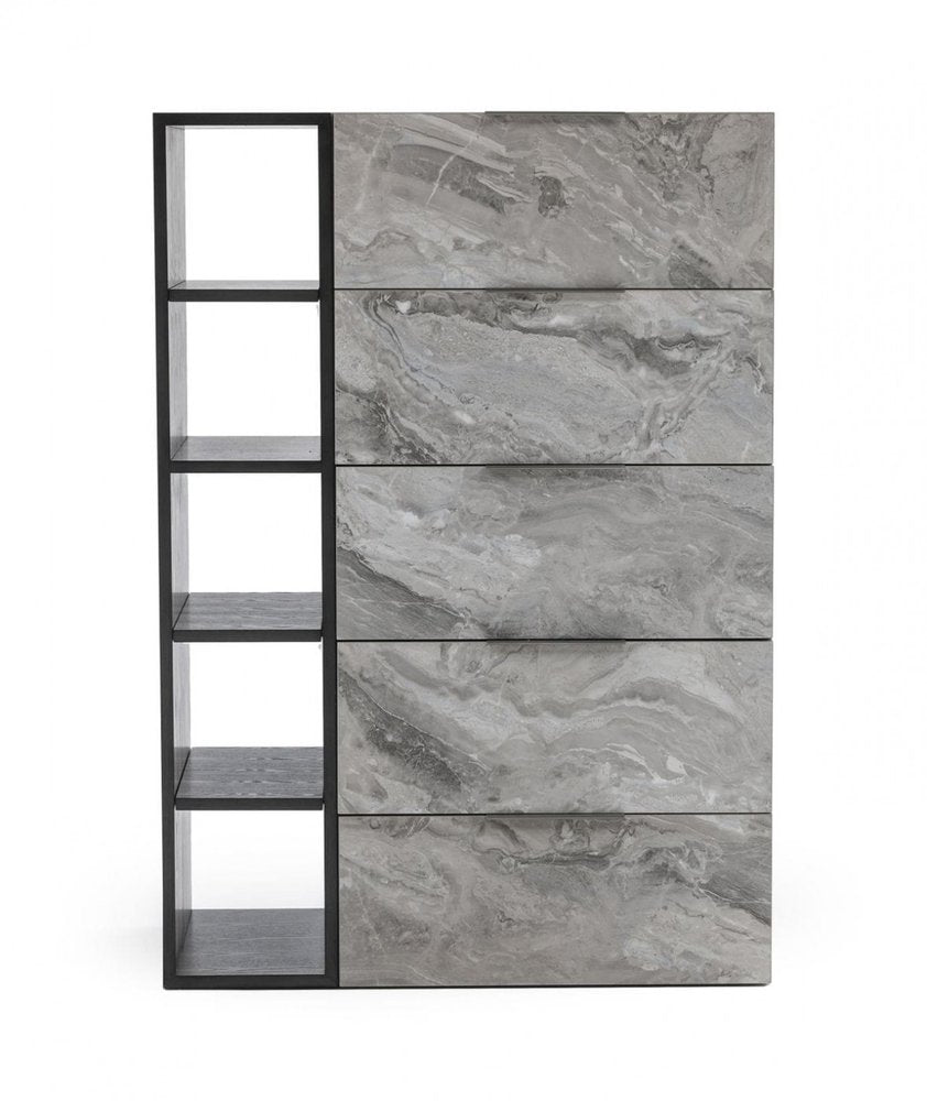63" Grey Faux Marble and Black Wood Six Drawer Double Dresser