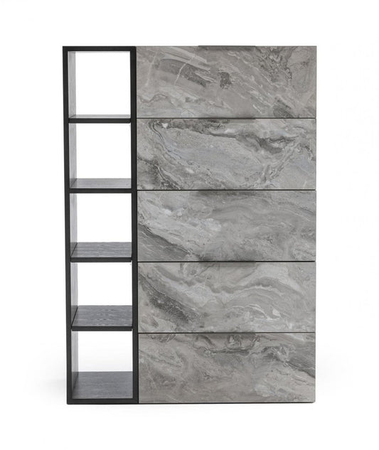 63" Grey Faux Marble and Black Wood Six Drawer Double Dresser