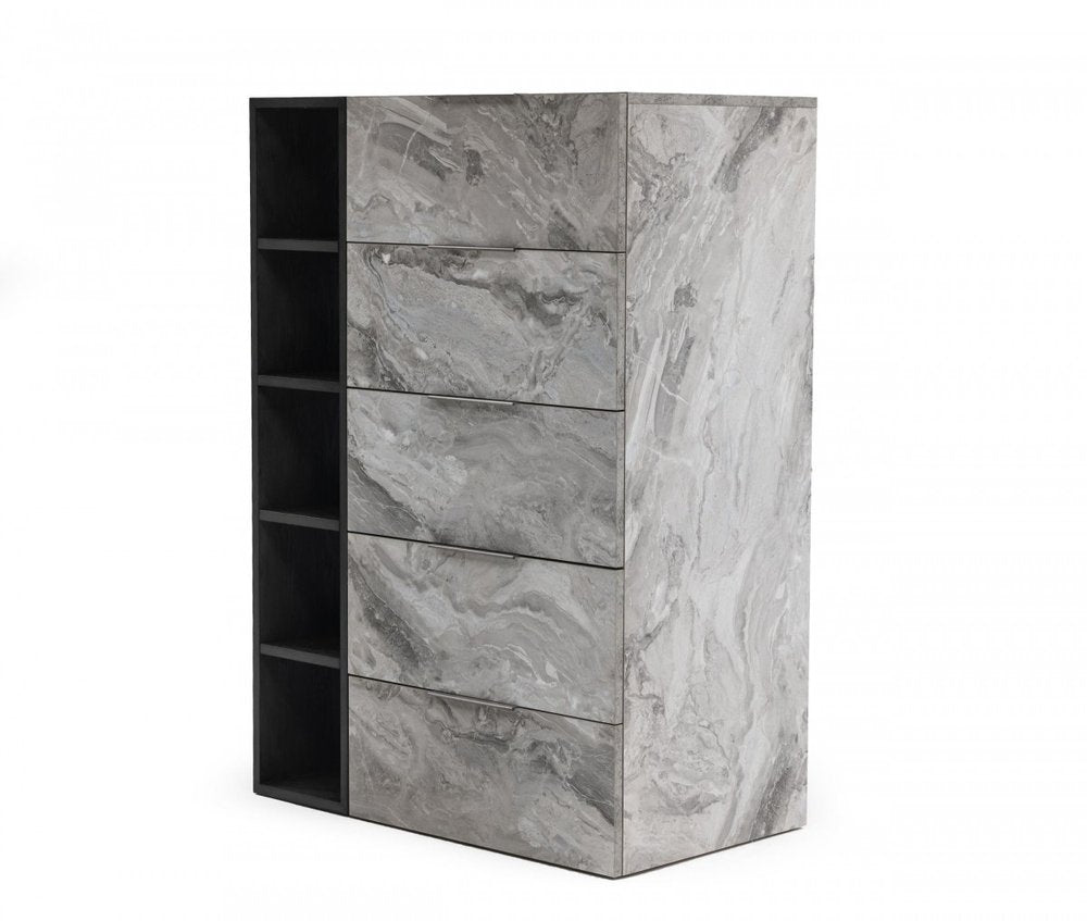 63" Grey Faux Marble and Black Wood Six Drawer Double Dresser