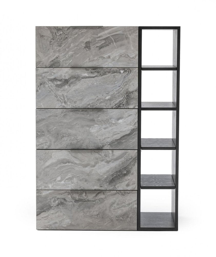 63" Grey Faux Marble and Black Wood Six Drawer Double Dresser
