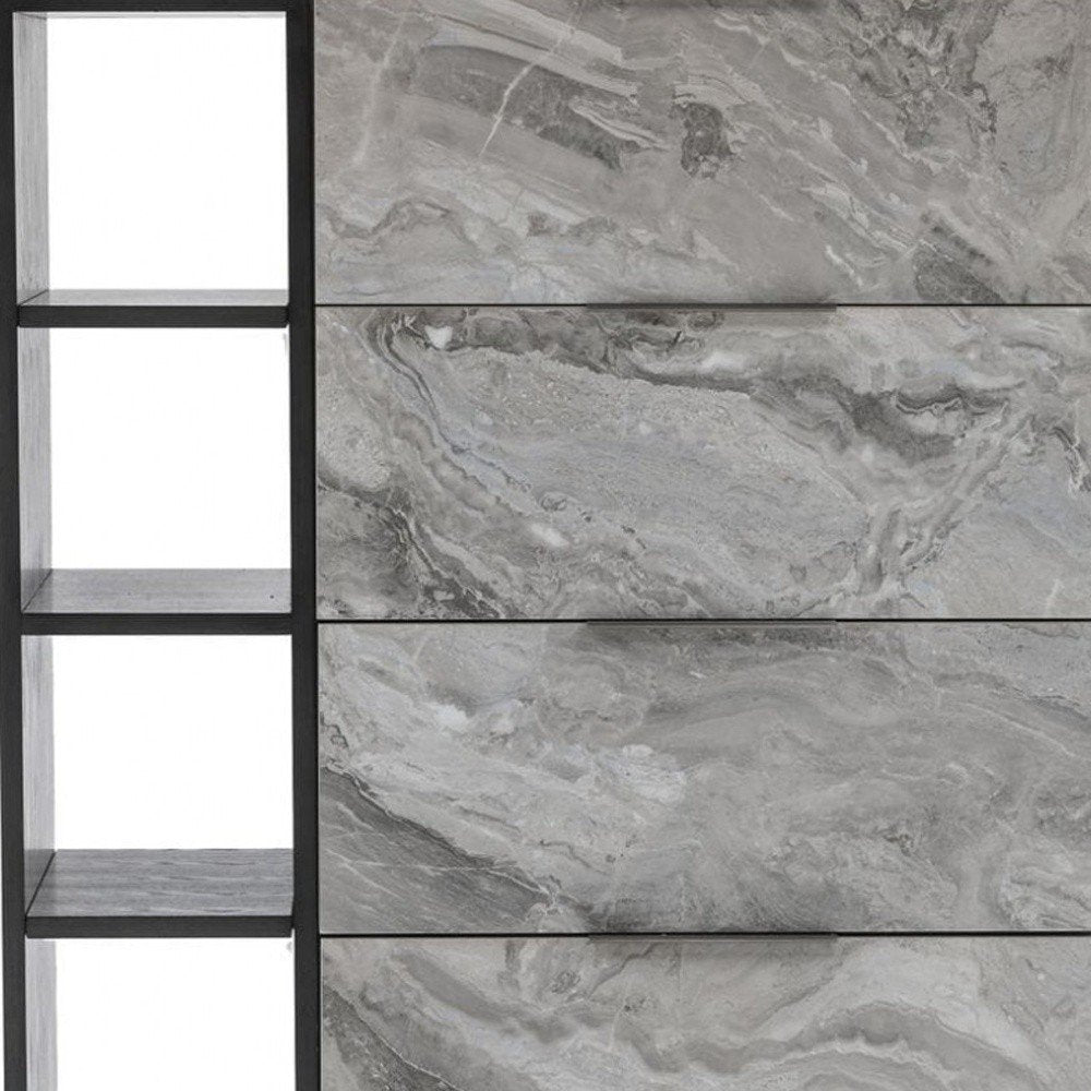 63" Grey Faux Marble and Black Wood Six Drawer Double Dresser