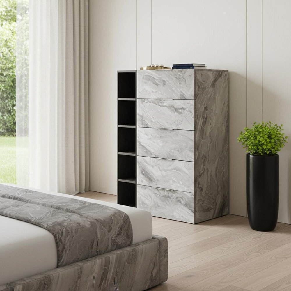 63" Grey Faux Marble and Black Wood Six Drawer Double Dresser