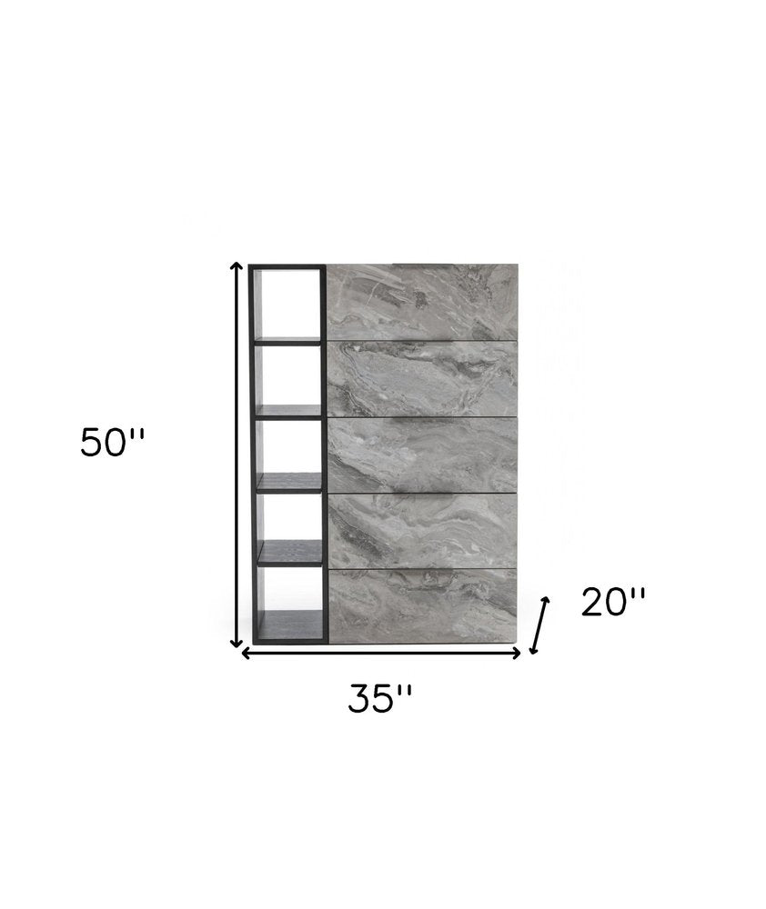 63" Grey Faux Marble and Black Wood Six Drawer Double Dresser