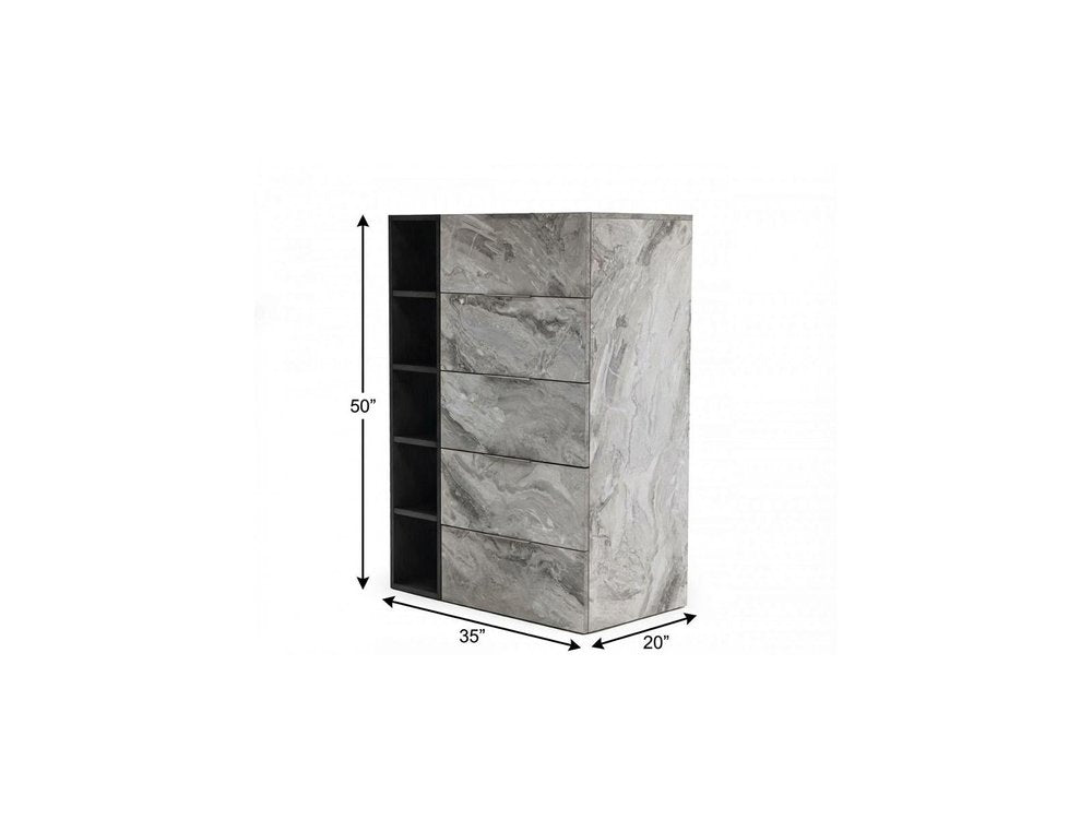 63" Grey Faux Marble and Black Wood Six Drawer Double Dresser