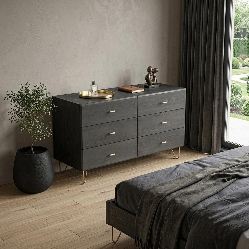 51" Gray Wood Six Drawer Double Dresser