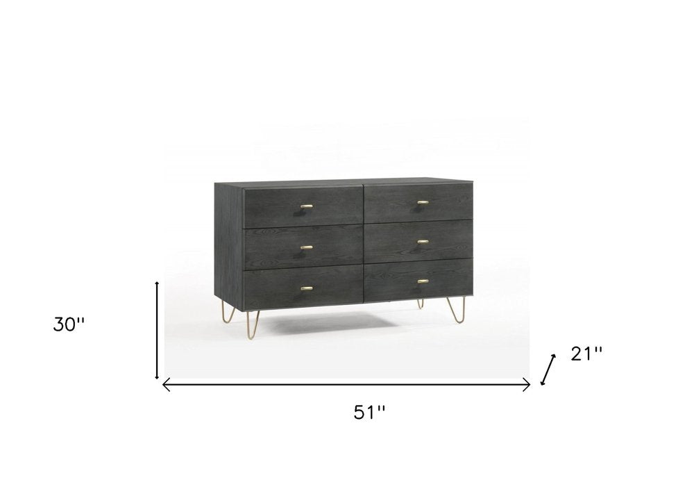 51" Gray Wood Six Drawer Double Dresser