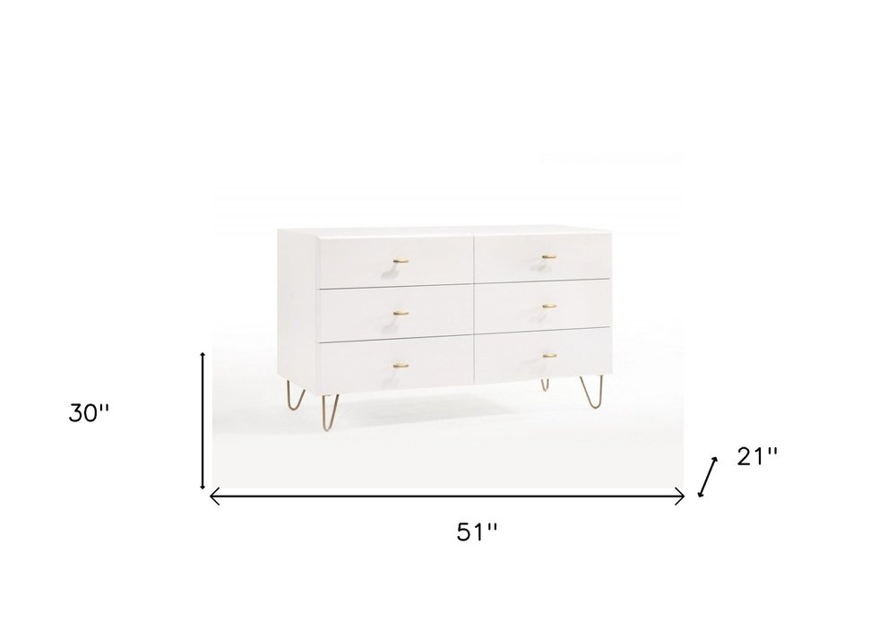 51" White Manufactured Wood Six Drawer Double Dresser