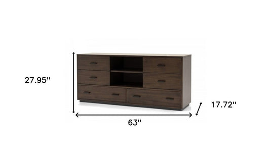 63" Dark Brown Wood Six Drawer Double Dresser