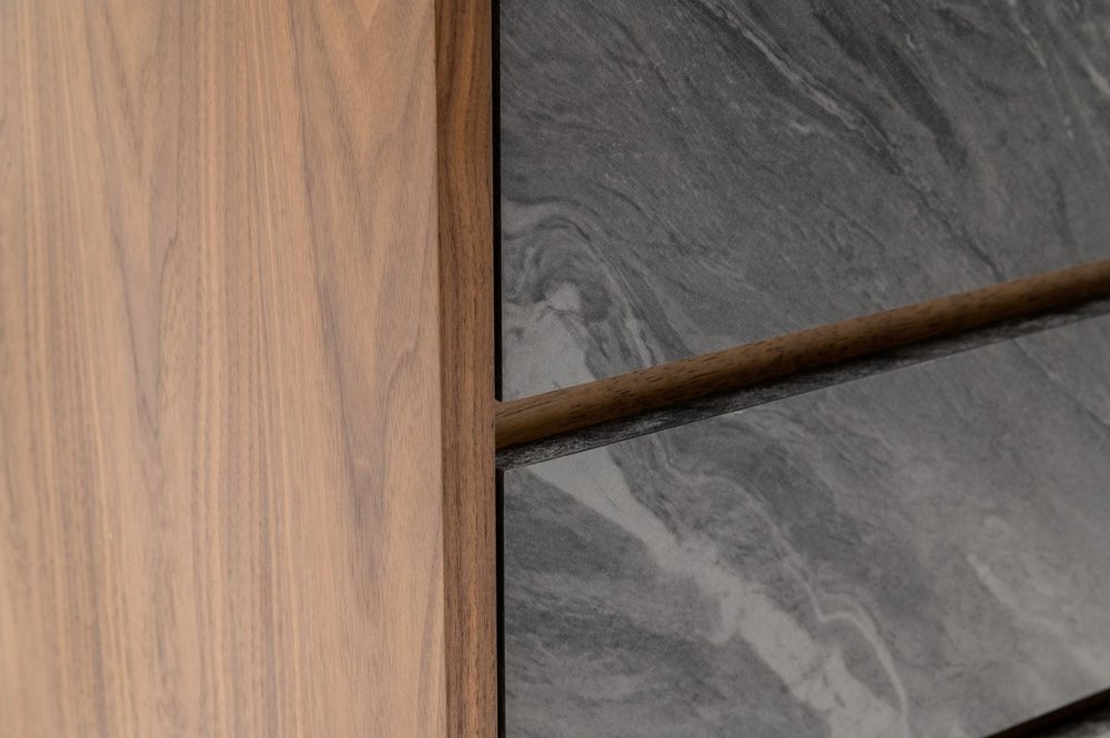 30" Walnut And Grey Manufactured Wood Five Drawer Chest