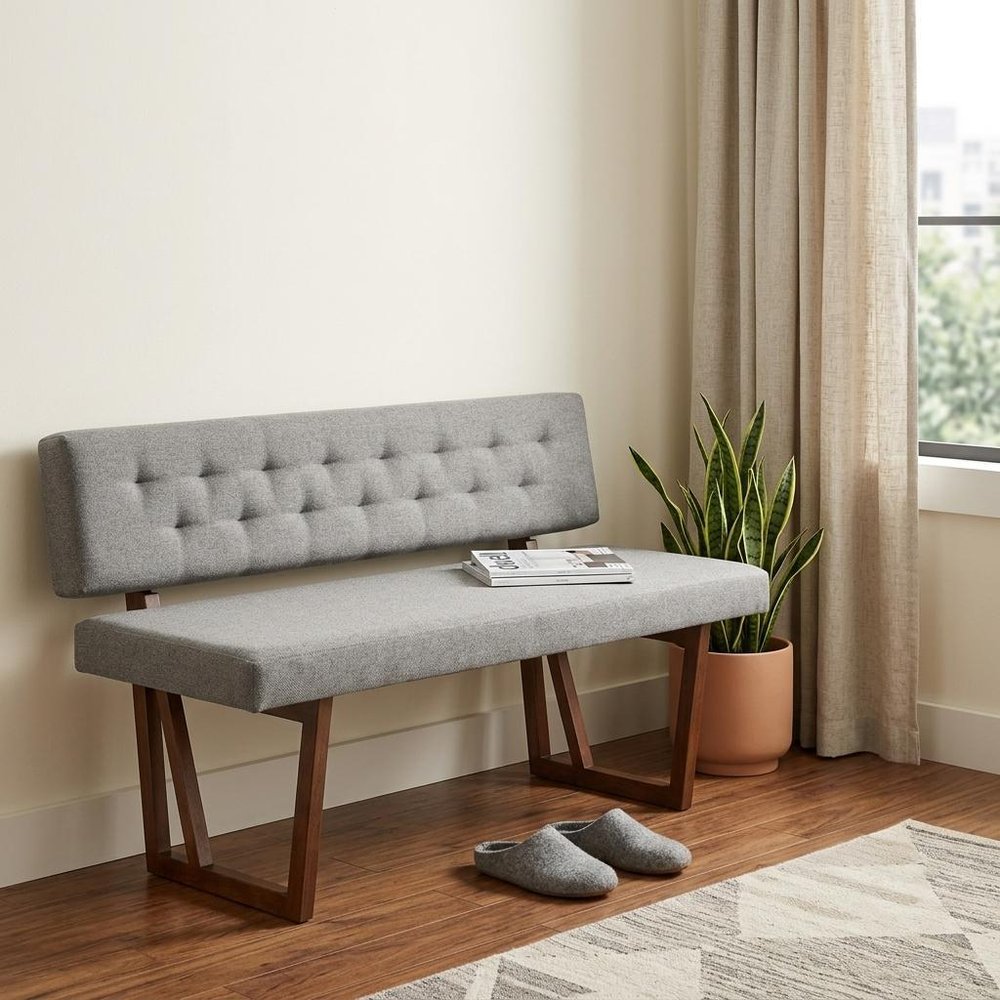 63" Gray and Brown Upholstered Linen Blend Dining Bench