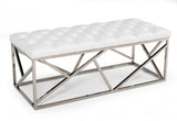 48" White and Silver Tufted Faux Leather Upholstered Bench