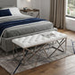 48" White and Silver Tufted Faux Leather Upholstered Bench