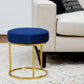 16" Blue Velvet And Gold Round Footstool Ottoman