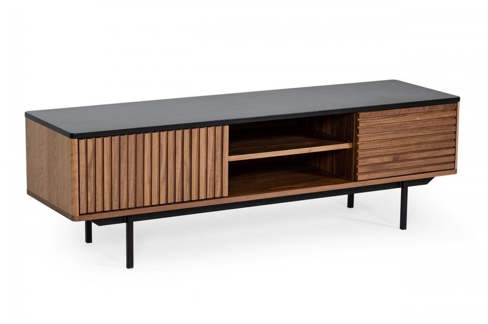 63" Walnut And Gray Wood Open And Enclosed Storage TV Stand