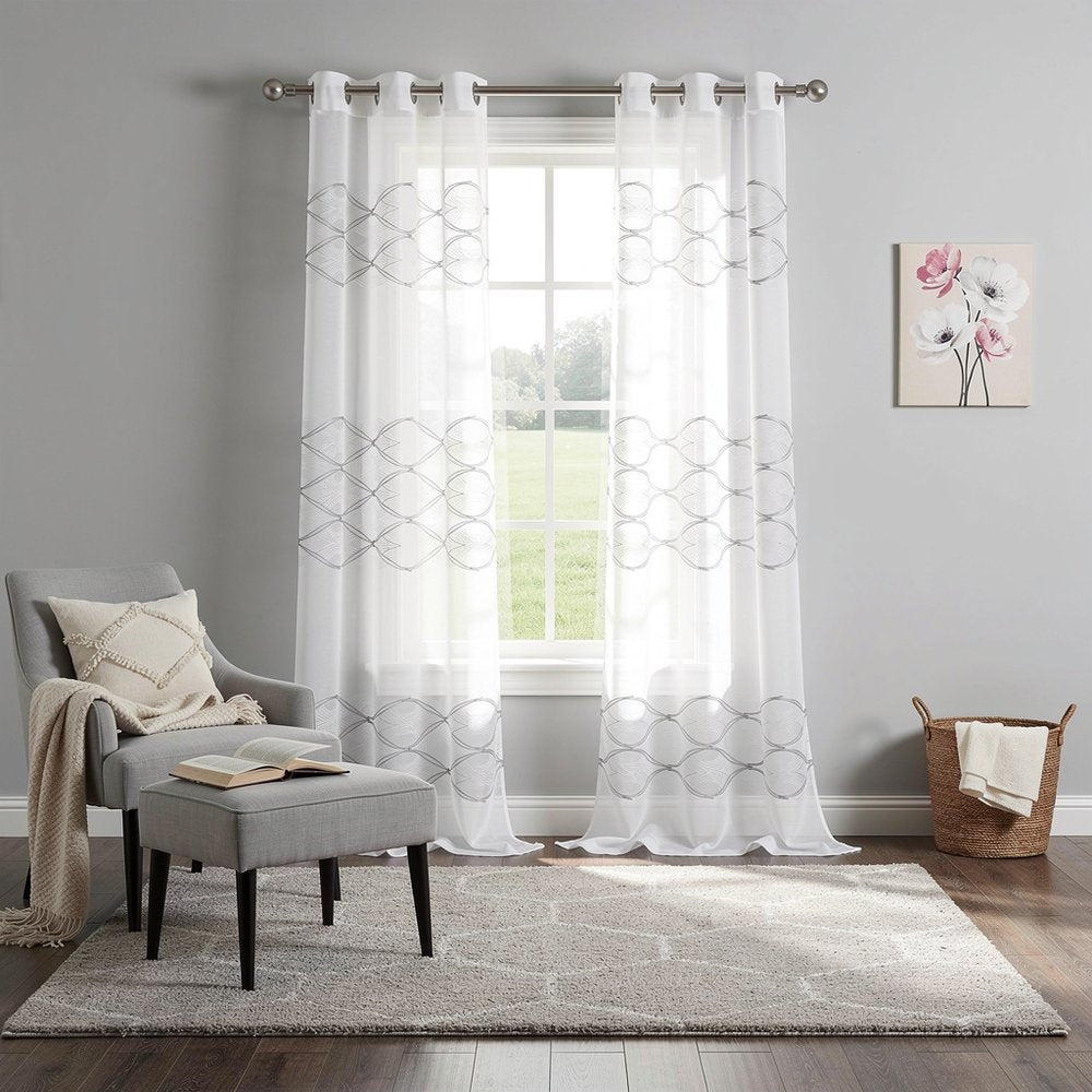 Set of Two 84"  White Wave Embroidered Window Panels