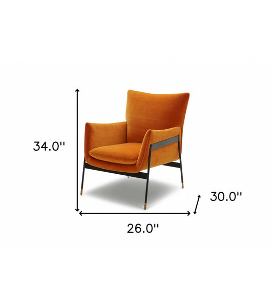 26" Orange And Black Velvet Wingback Chair
