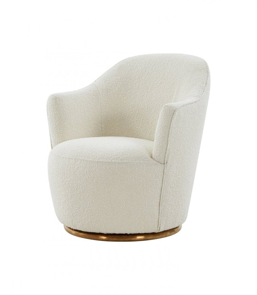 29" White And Gold Upholstered Swivel Barrel Chair