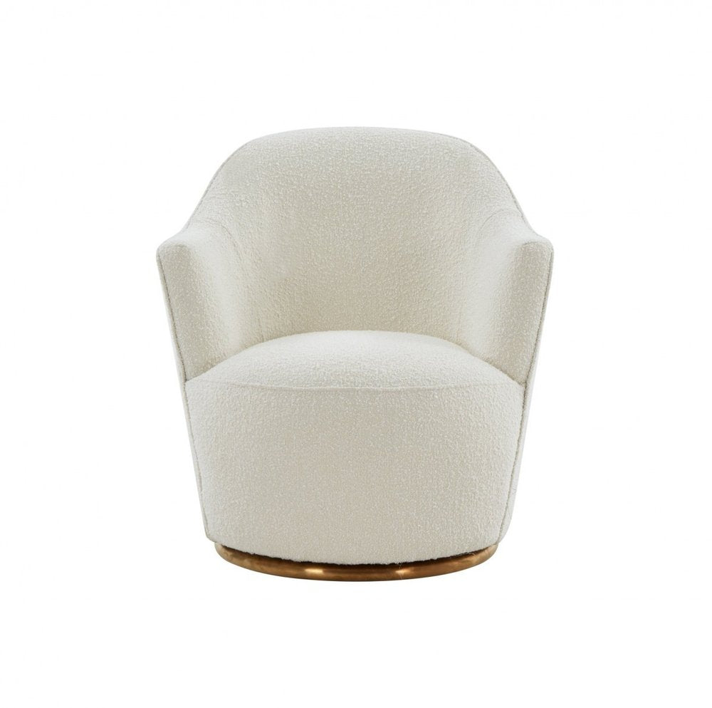29" White And Gold Upholstered Swivel Barrel Chair