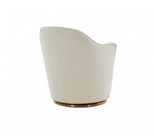 29" White And Gold Upholstered Swivel Barrel Chair