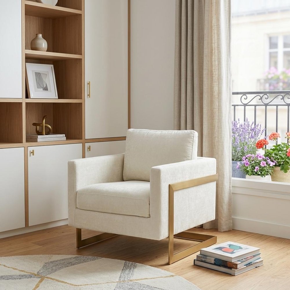 34" Cream And Gold Upholstered Arm Chair