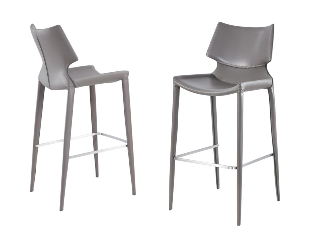 Set of Two 30" Gray Faux Leather And Steel Low Back Bar Height Bar Chairs