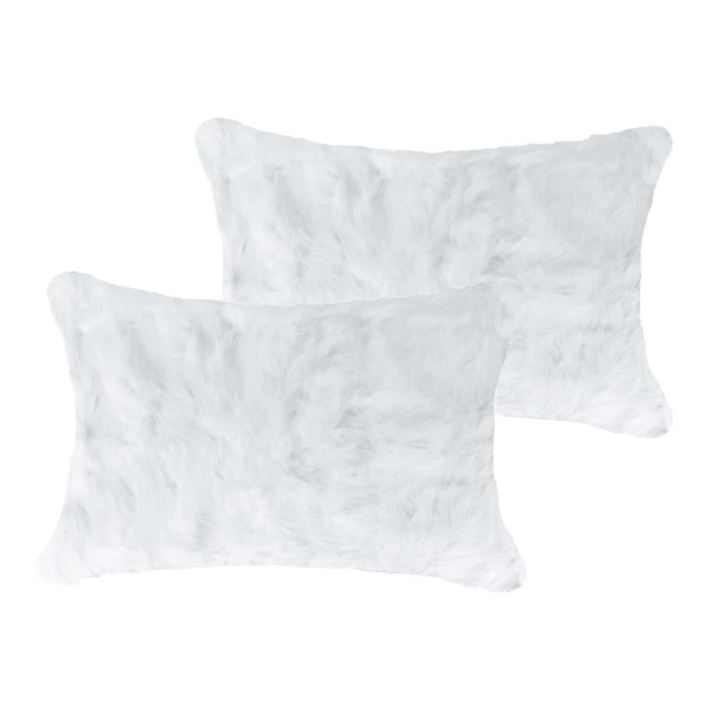 Set of Two 12" X 20" White Natural Fur Throw Pillows