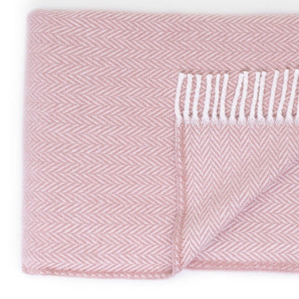 70" X 55" Pink And White Cotton Blend Woven Herringbone Plush Throw Blanket with Tassels