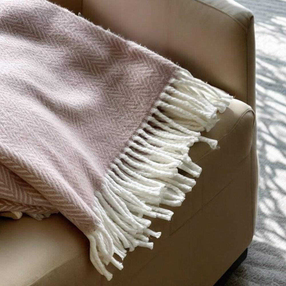 70" X 55" Copper And White Cotton Blend Woven Herringbone Plush Throw Blanket with Tassels