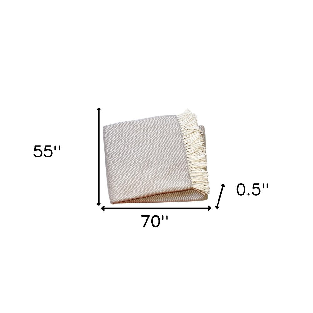 70" X 55" Brown And White Cotton Blend Woven Herringbone Plush Throw Blanket with Tassels