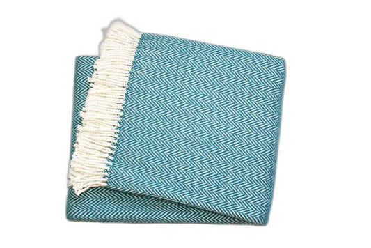 55" X 70" Sage and Ivory Woven Cotton Herringbone Plush Throw Blanket