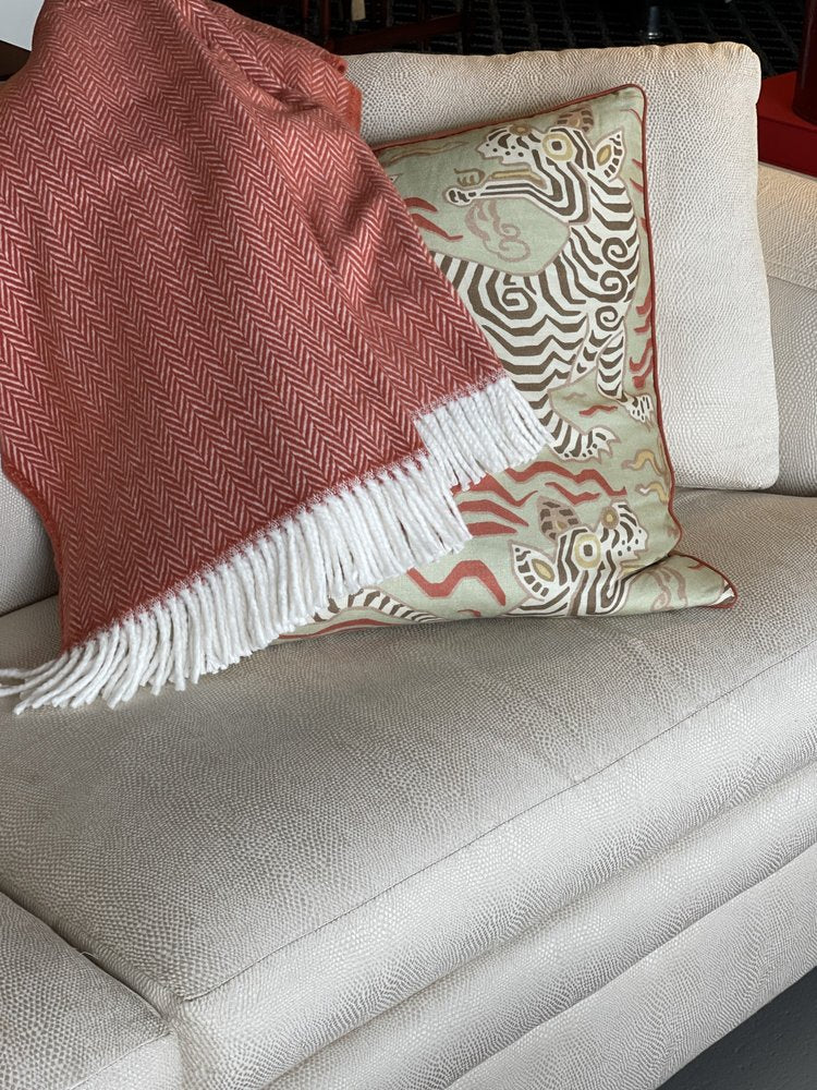 70" X 55" Pink And White Cotton Blend Woven Herringbone Plush Throw Blanket with Tassels