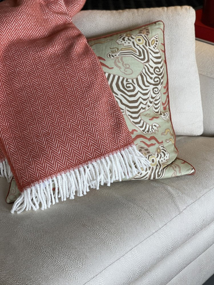 70" X 55" Pink And White Cotton Blend Woven Herringbone Plush Throw Blanket with Tassels