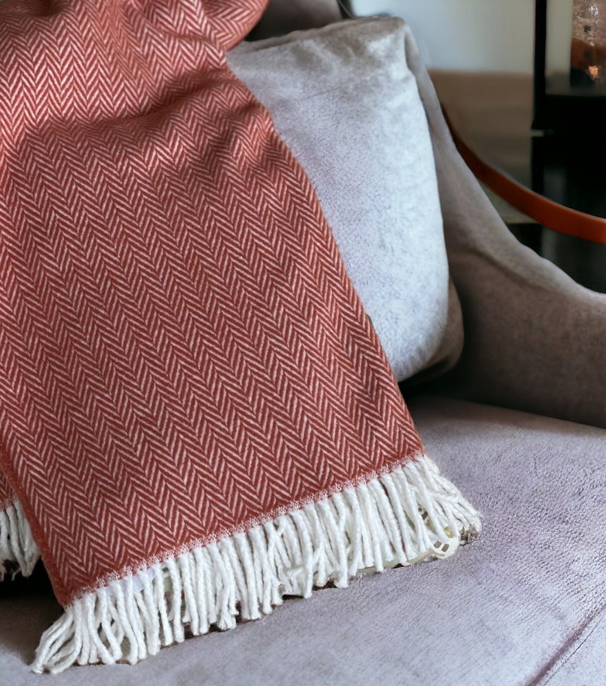 70" X 55" Pink And White Cotton Blend Woven Herringbone Plush Throw Blanket with Tassels