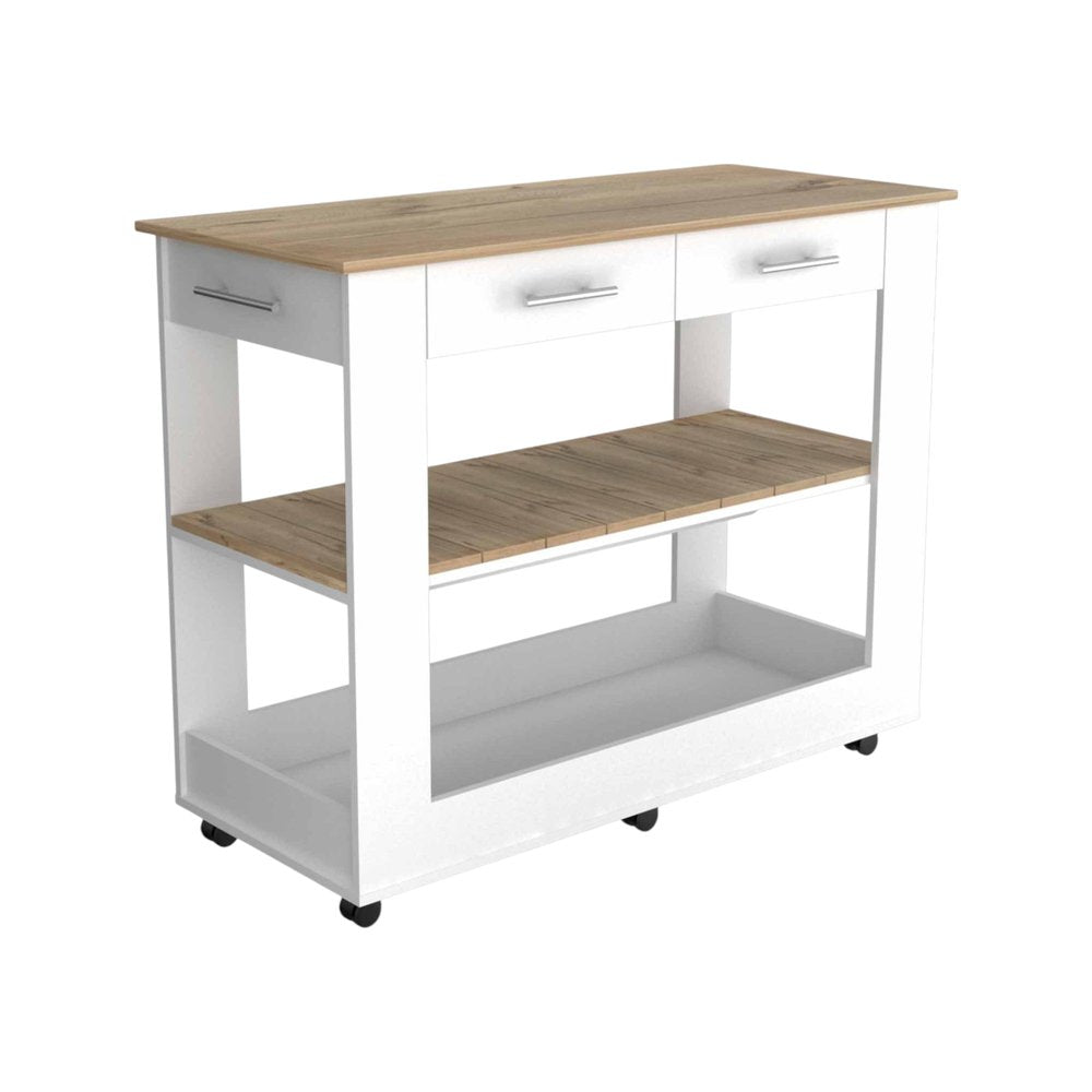 White and Brown 40" Rolling Kitchen Cart With Storage