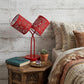 17" Red Metal Two Light Table Lamp With Red Abstract Drum Shade