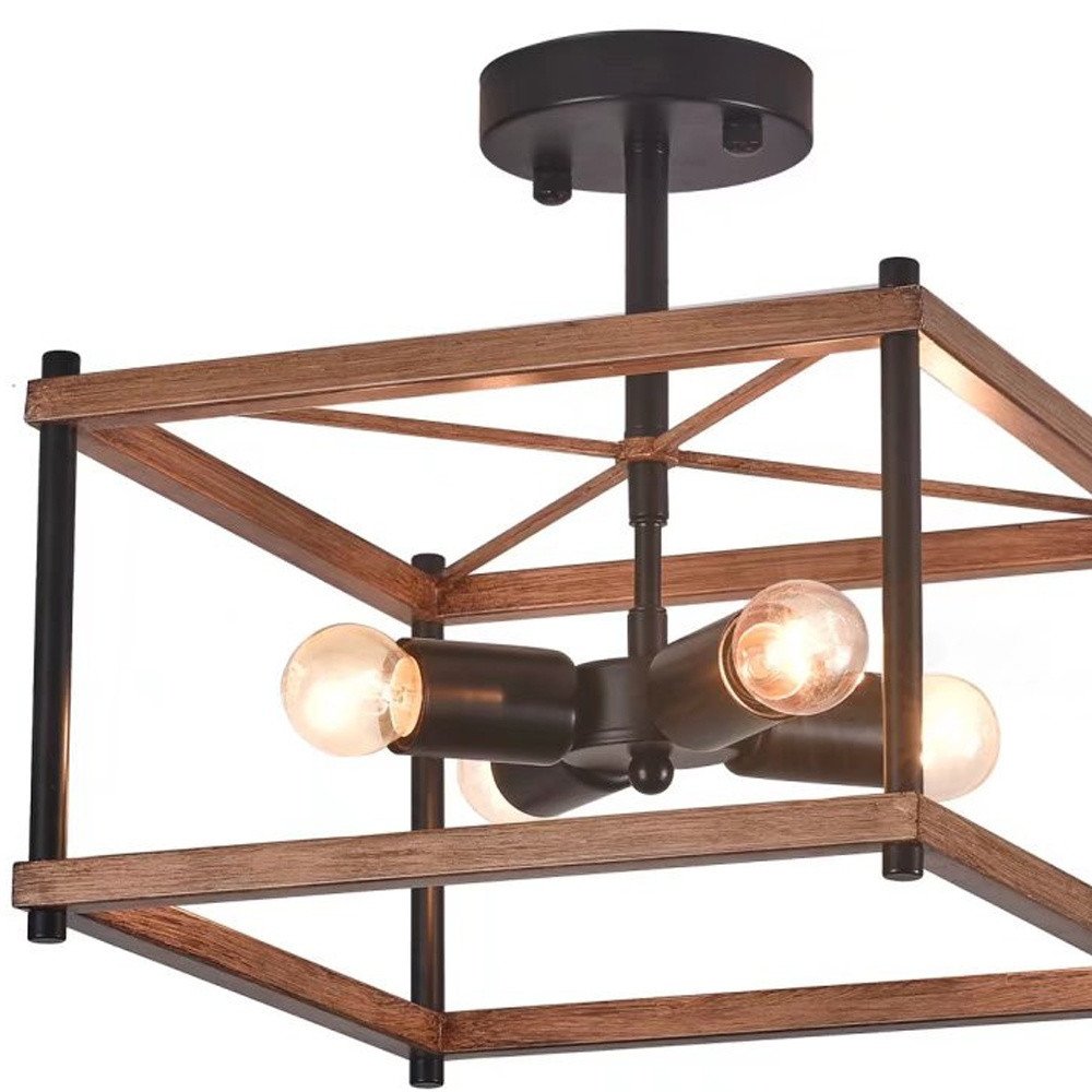 Brown And Black Lantern Four Light Metal Chandelier
