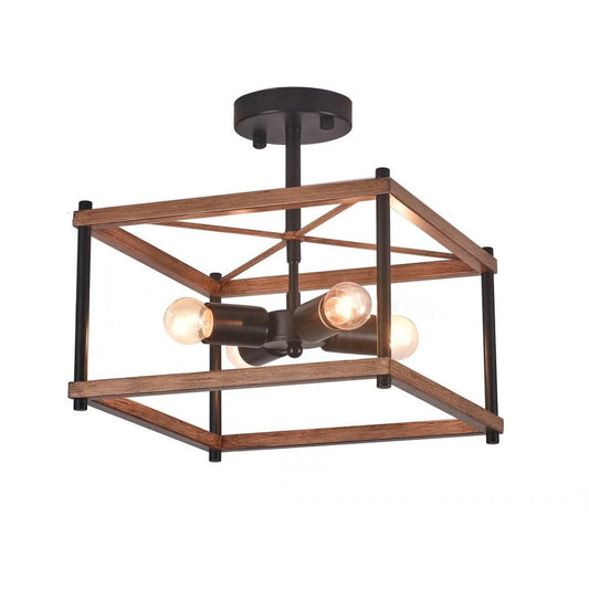 Brown And Black Lantern Four Light Metal Chandelier