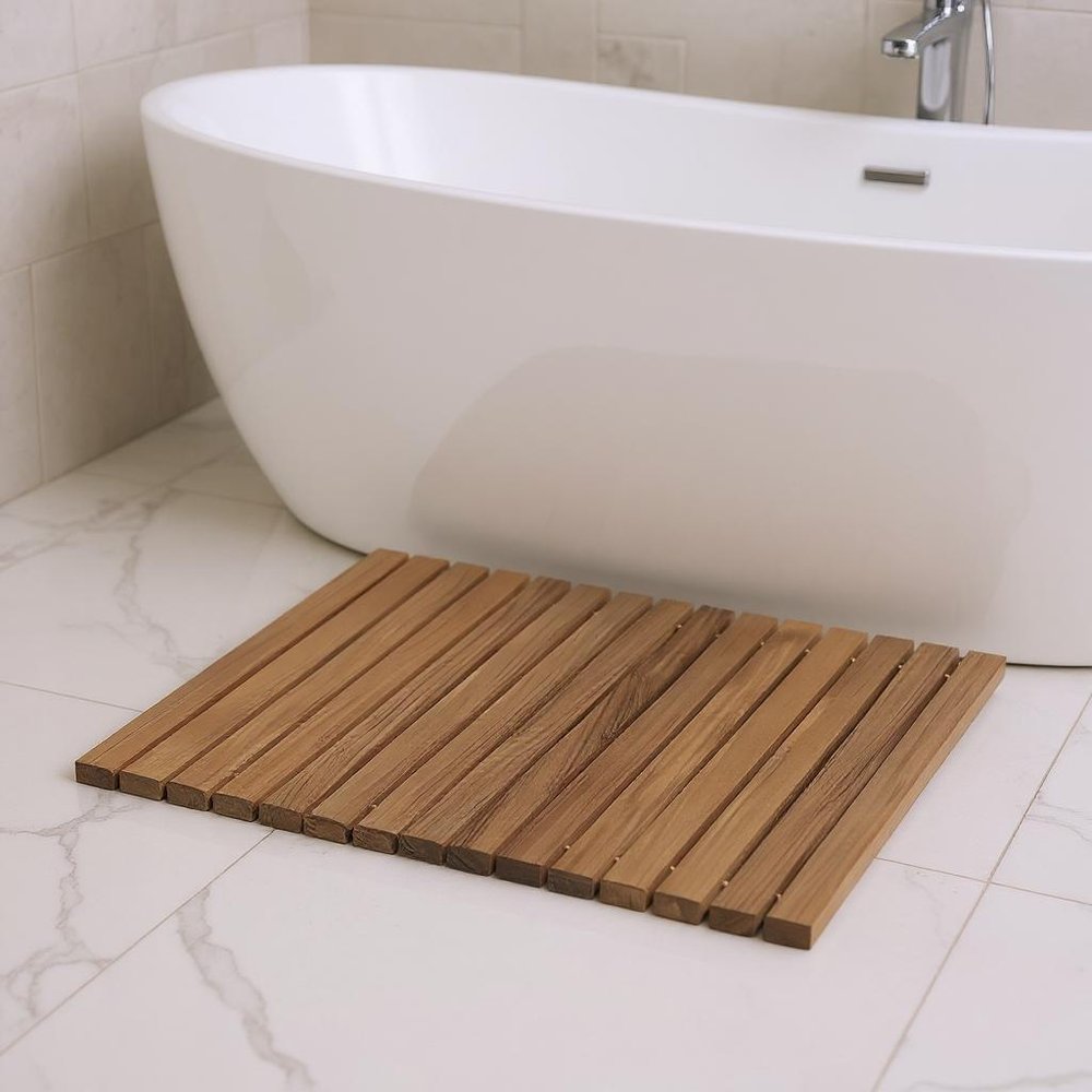 20" Brown Teak Wood Rolling Square Bath Mat