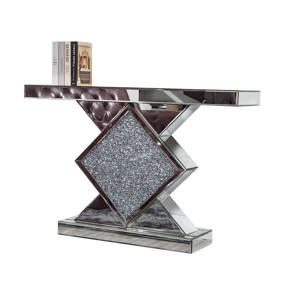 47" Clear and Silver Mirrored Glass And Faux Crystals Pedestal Console Table