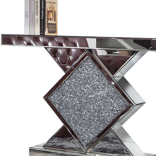 47" Clear and Silver Mirrored Glass And Faux Crystals Pedestal Console Table