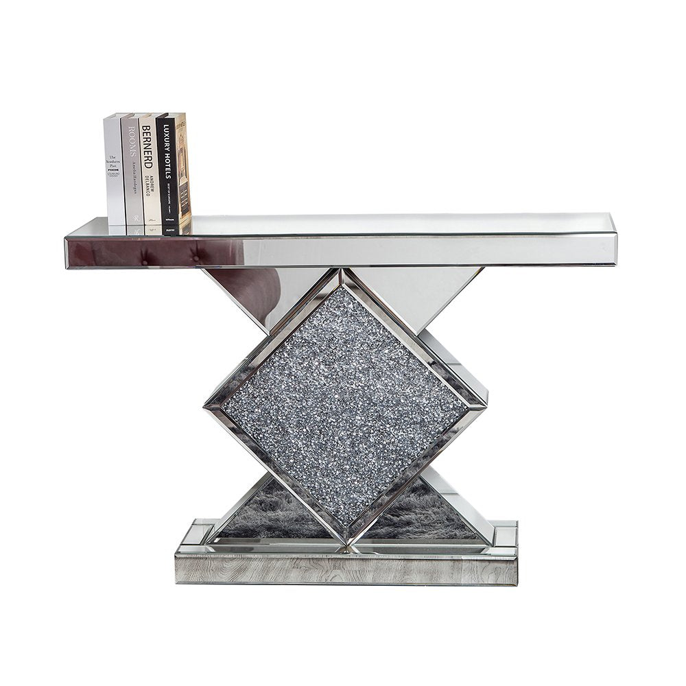 47" Clear and Silver Mirrored Glass And Faux Crystals Pedestal Console Table