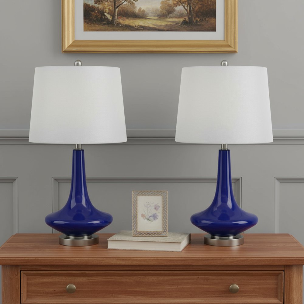 Set Of Two 26" Silver Metal Two Light Bedside Table Lamps With White Globe Shade