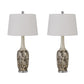 Set Of Two 30" Silver Metal Two Light Bedside Table Lamps With White Globe Shade