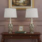 Set Of Two 30" Silver Metal Two Light Bedside Table Lamps With White Globe Shade