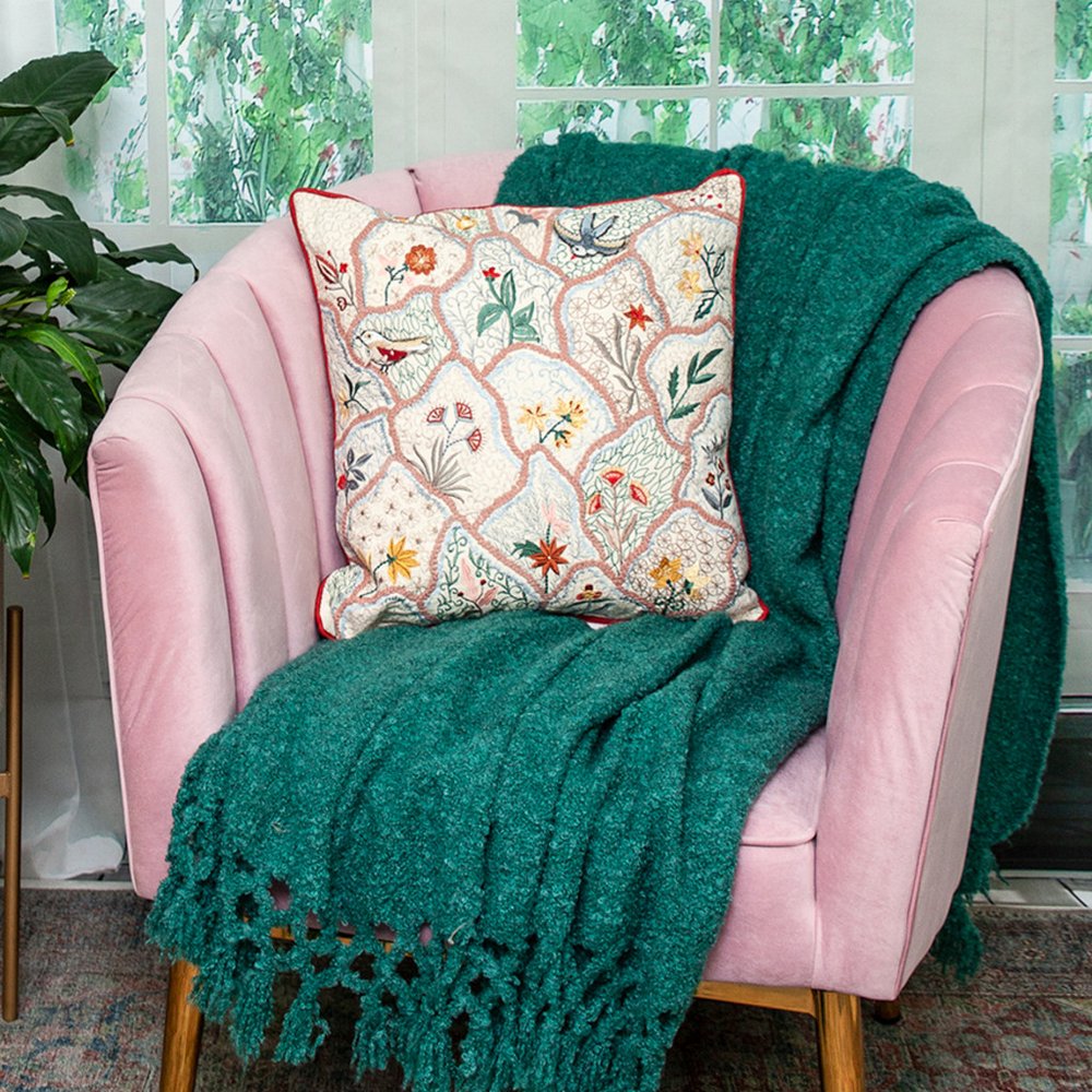 18" Beige Blue and Green Cotton Throw Pillow With Embroidery